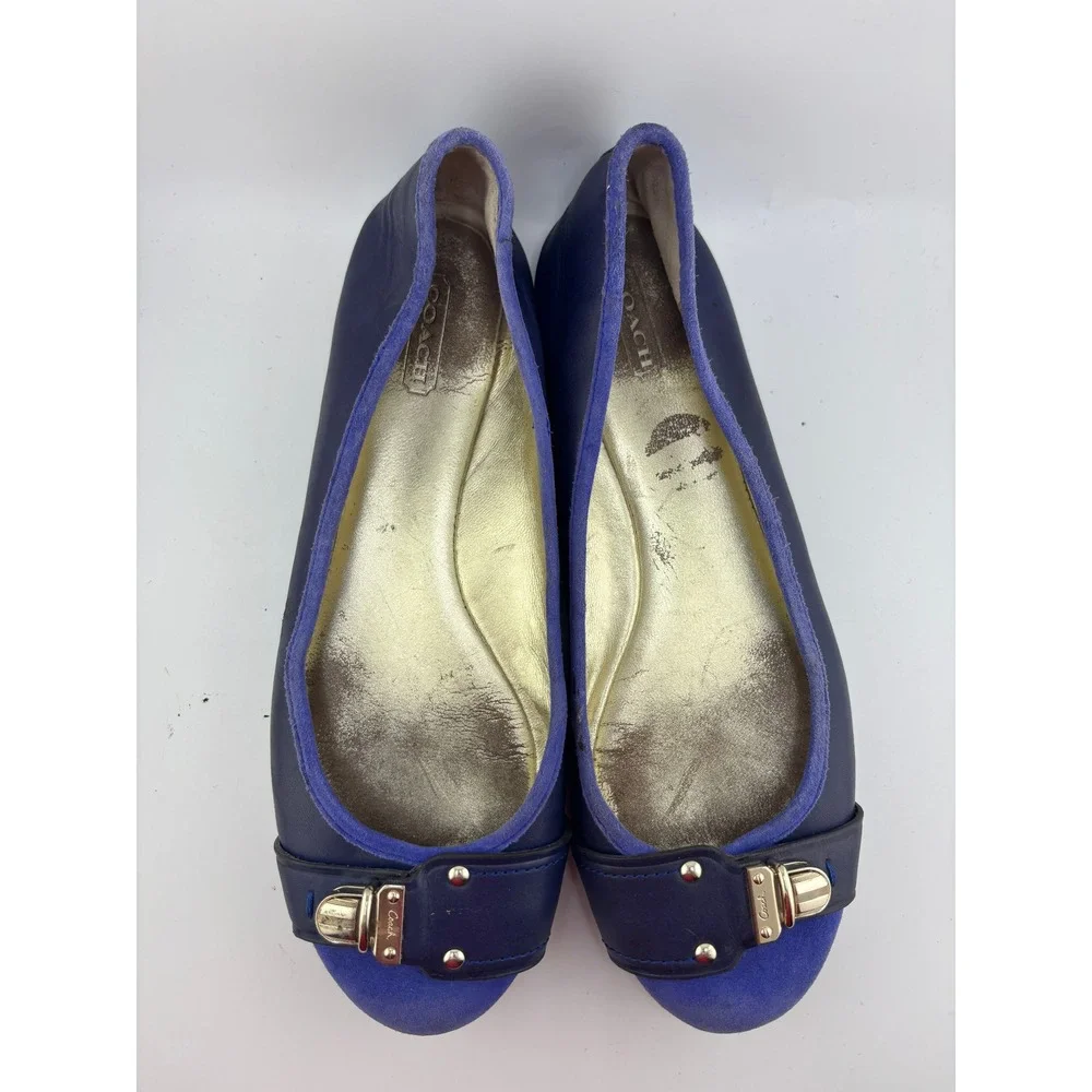 Coach Womens Navy Leather Purple Suede Turnlock Ballet Flats Blue Size 8